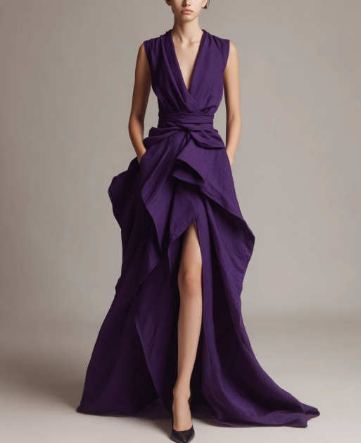 Undefyning Lynes Royal Amethyst Waterfall Ruffle Gown with deep V-neck and sculptural maxi design, flowing and elegant dress.