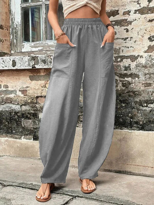 Undefyning Lynes cloud-soft high-waisted harem pants with relaxed fit and gathered ankle, designed for all-day comfort.