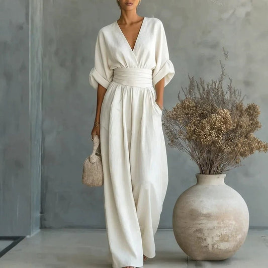 Wide-Leg V-Neck Jumpsuit — Women's High-Waist Wide-Leg Jumpsuit - Undefyning Lynes