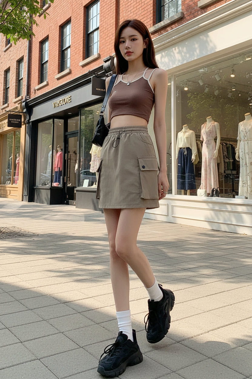 Women's Cargo Mini Skirt — Drawstring A-Line with Pockets - Undefyning Lynes