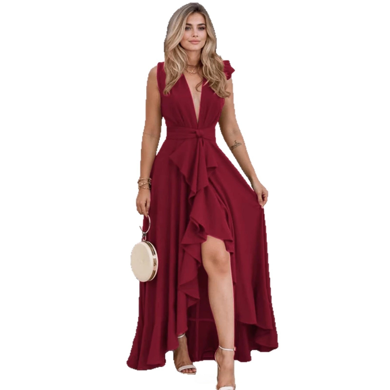 Knotted V-Neck Evening Dress in army green
