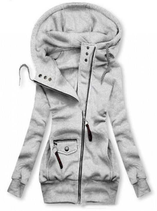 Hooded jacket shown with the drawstring hood up