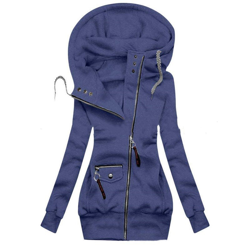 Panel-stitched drawstring hooded jacket in black, front view