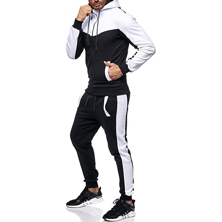 Hooded color block tracksuit set in black, full set front view