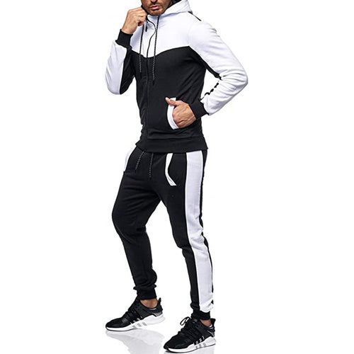 Hooded color block tracksuit set in black, full set front view