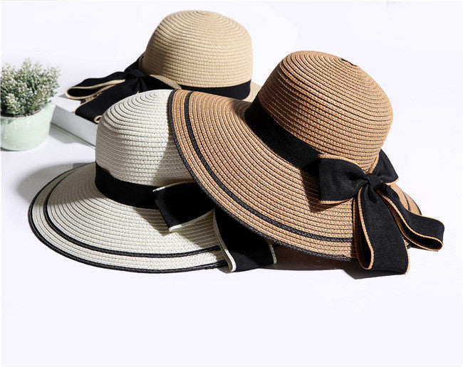 Wide-Brim Straw Hat with Bow - front view