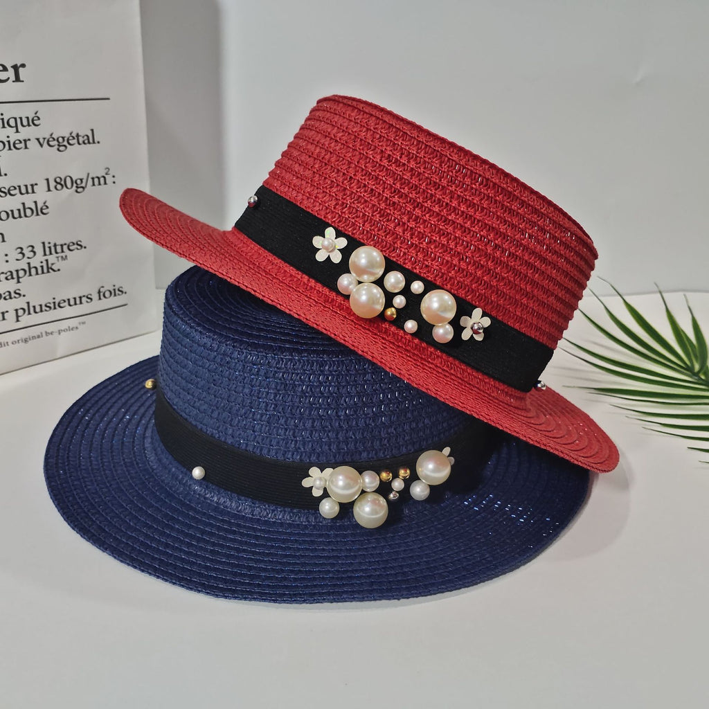 Pearl Bow Straw Sun Hat - worn on model