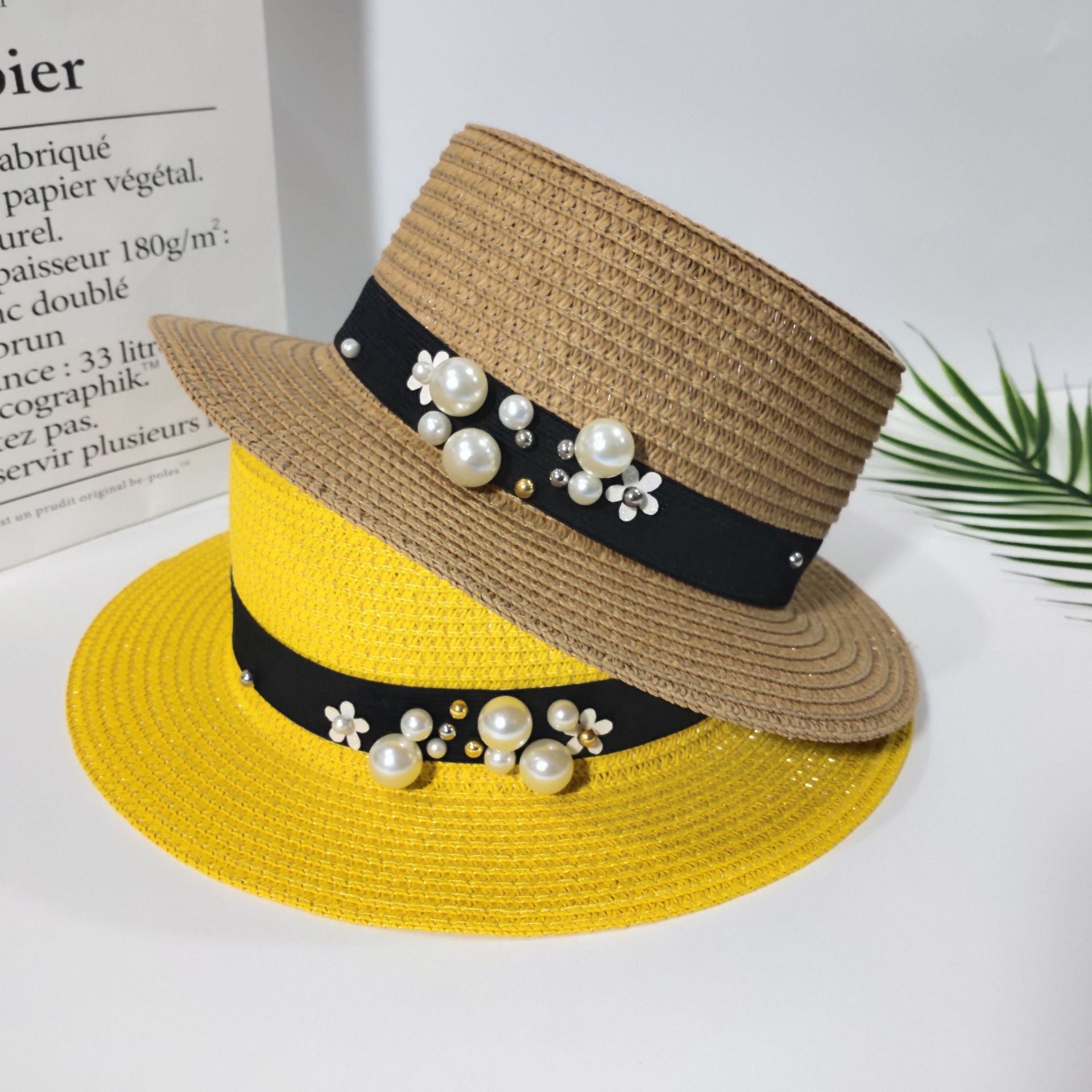 Pearl Bow Straw Sun Hat - front view