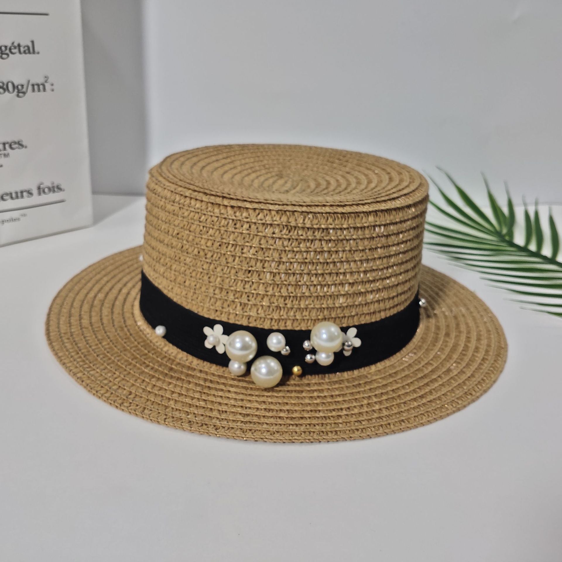 Pearl Bow Straw Sun Hat in black