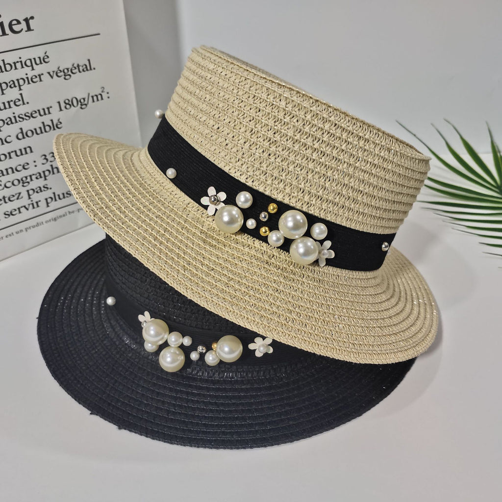 Pearl Bow Straw Sun Hat - pearl bow detail