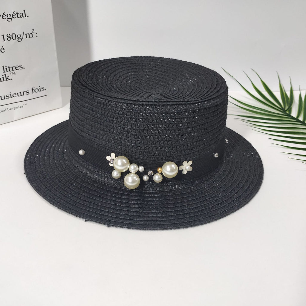 Pearl Bow Straw Sun Hat in blue