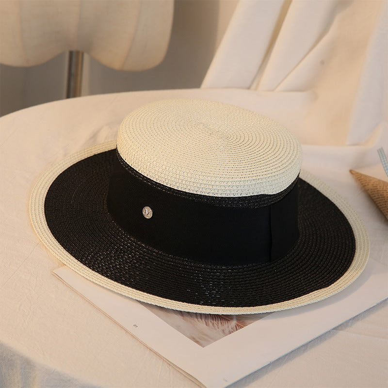 Flat-Top Straw Hat with Contrast Brim in blue