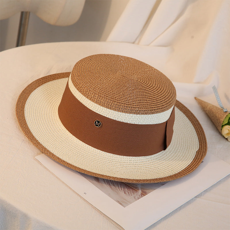 Flat-Top Straw Hat with Contrast Brim - worn on model