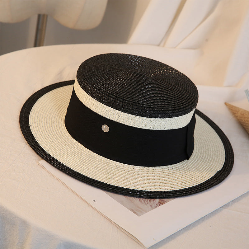 Flat-Top Straw Hat with Contrast Brim - color options