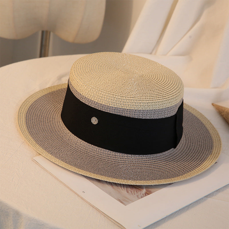 Flat-Top Straw Hat with Contrast Brim in black and white