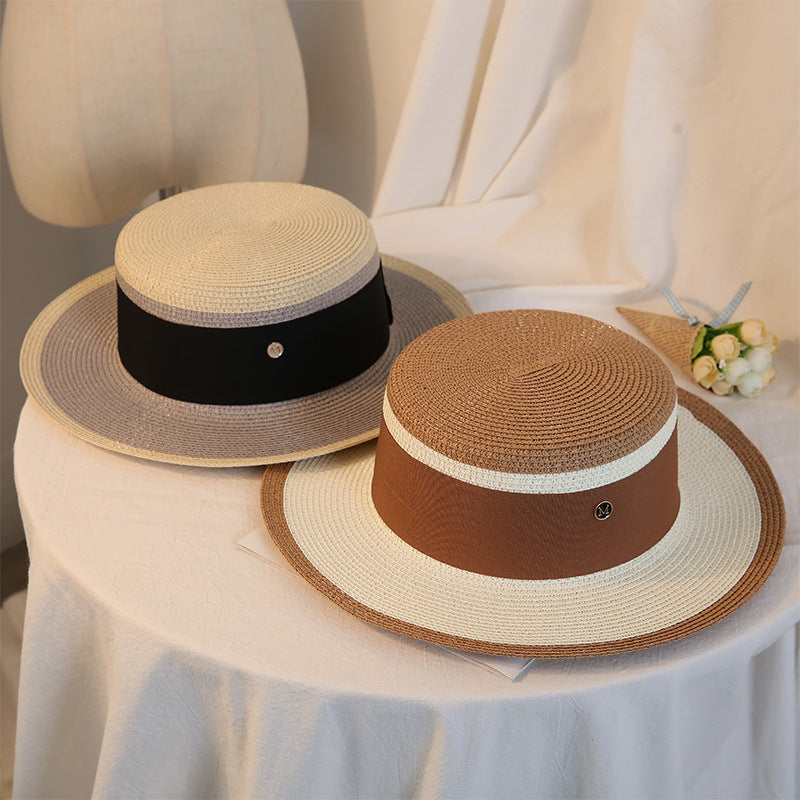 Flat-Top Straw Hat with Contrast Brim - front view