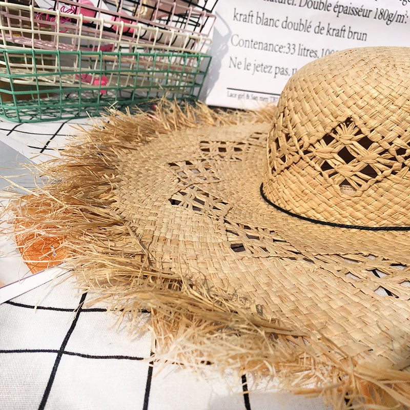 Hand-Woven Raffia Wide-Brim Hat - weave texture close-up