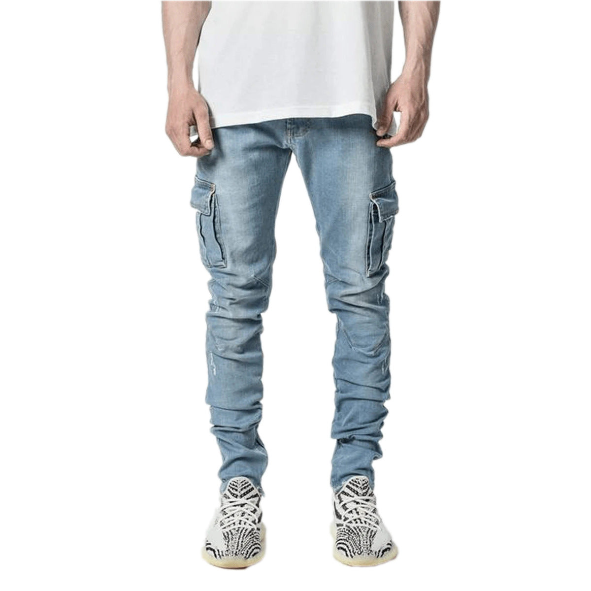 Tooling jeans shown from the side showing the pocket placement