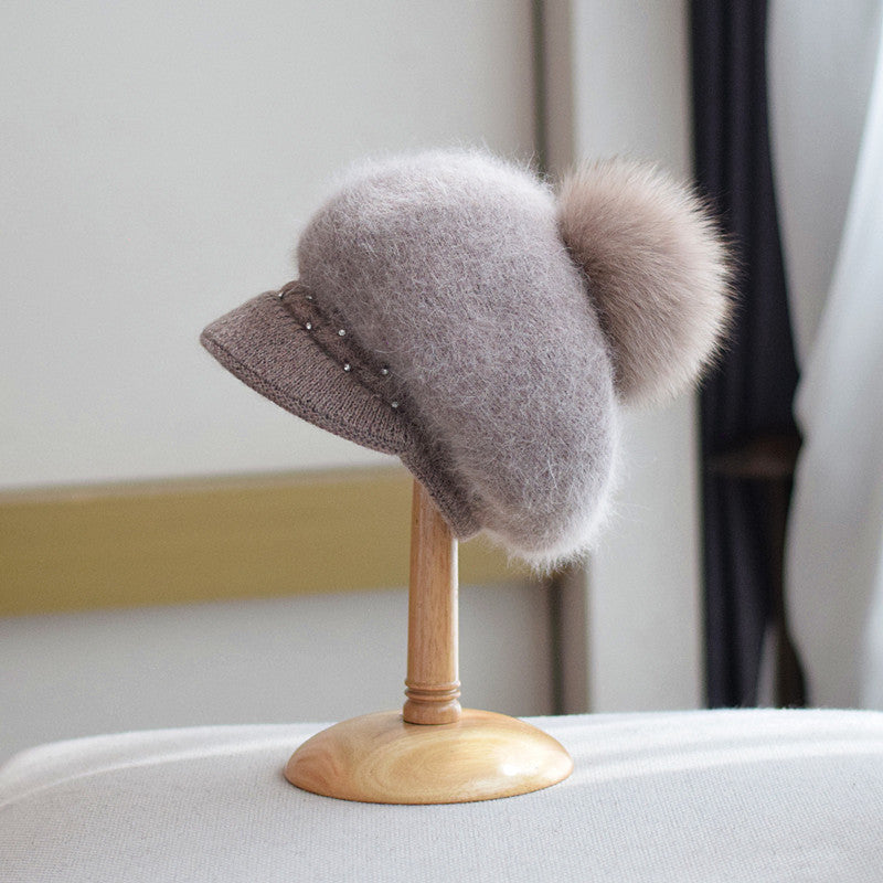 Undefyning Lynes Fox Fur Ball Knit Cap — Women's Rabbit Fur Peaked Hat