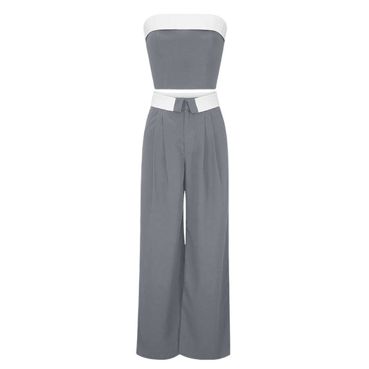 Undefyning Lynes contrast color vest and wide-leg pants two-piece set displayed on a mannequin, showcasing stylish fashion ensemble.