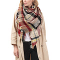 Highland Tartan Blanket Scarf in red plaid with tasseled edges, view 1