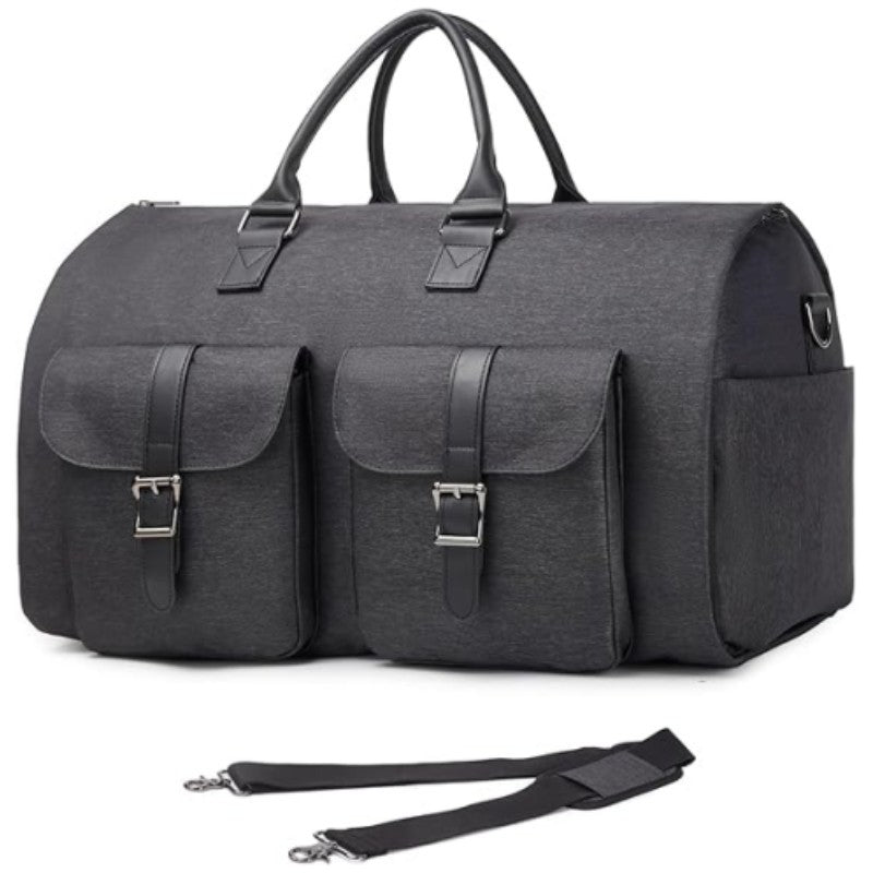 Travel duffel shown folded flat for storage