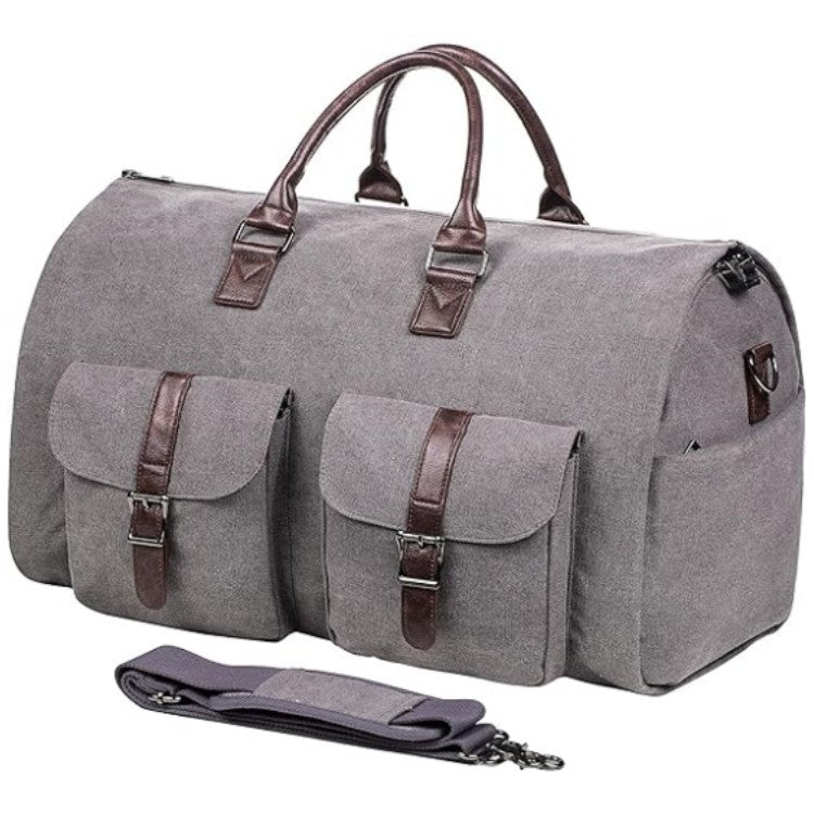 Travel duffel shown from the front with handles up