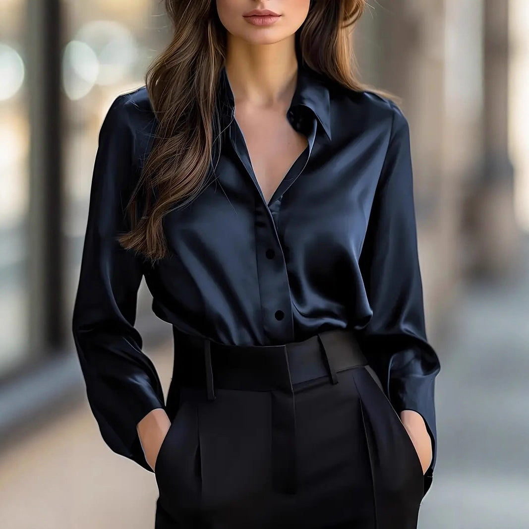 Satin Collar Button-Up Blouse in champagne