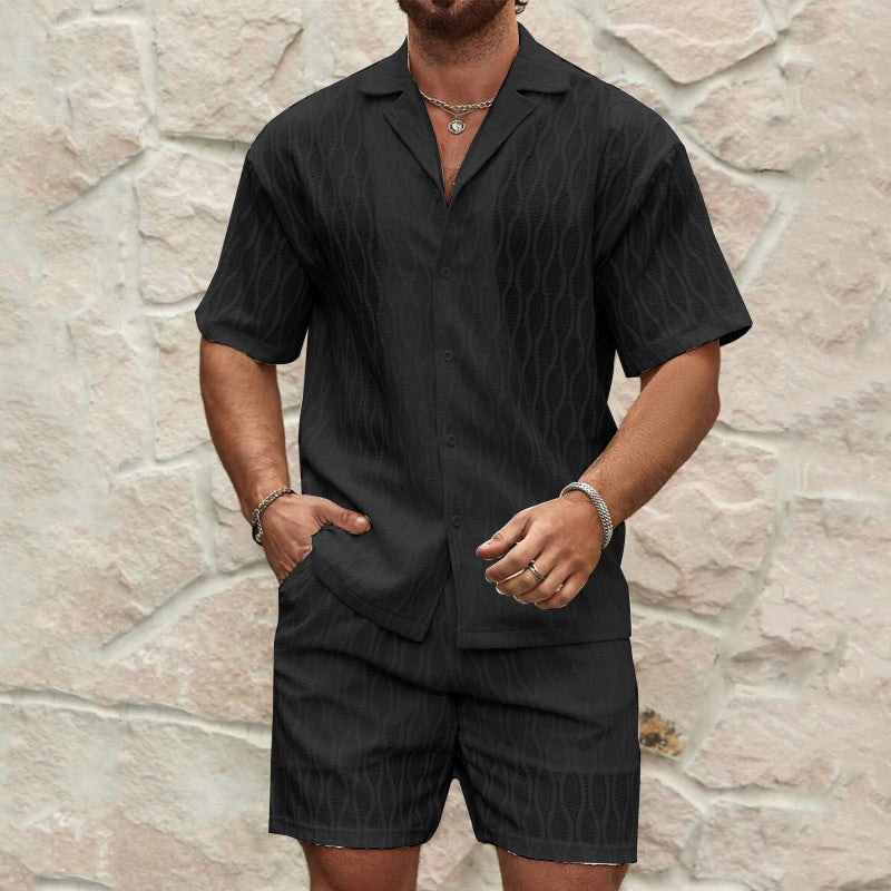 Loose Casual Two Pieces Lapel Button Shirt and Shorts — back view