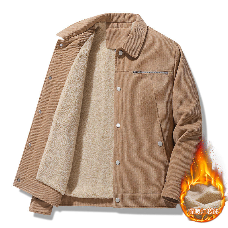 Corduroy jacket in gray shown from the side