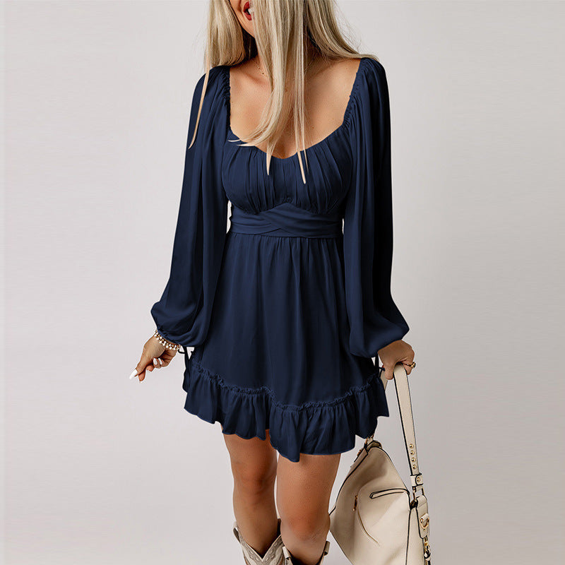 Flounce dress in white worn full length