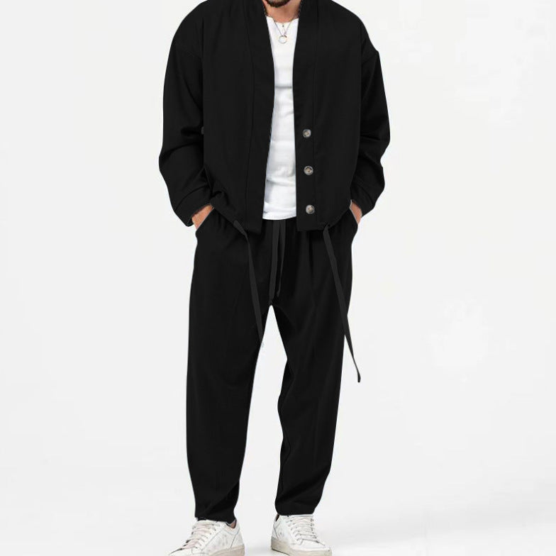 Korean cut suit set in black, full two-piece front view