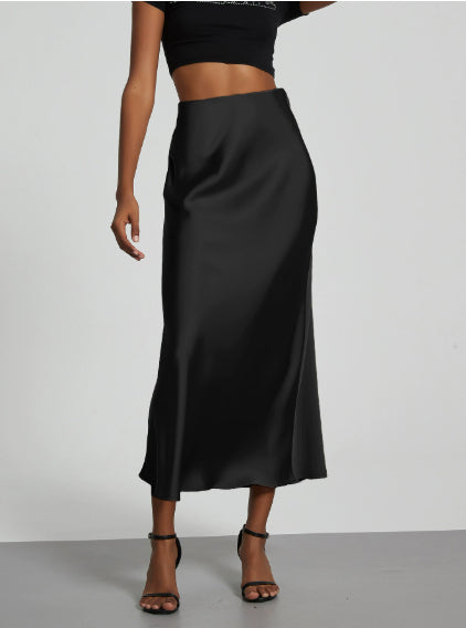 Waistband detail on the satin midi skirt