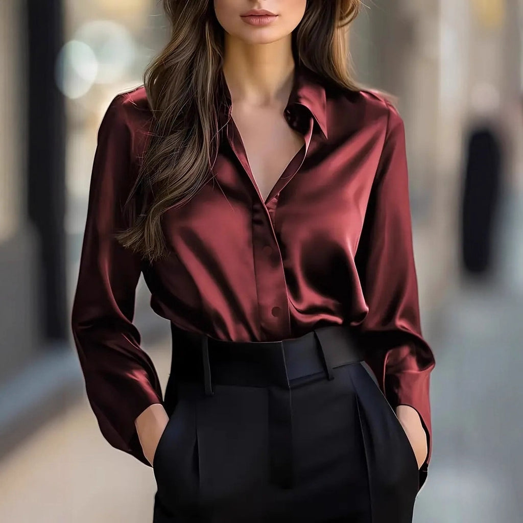 Satin Collar Button-Up Blouse in black