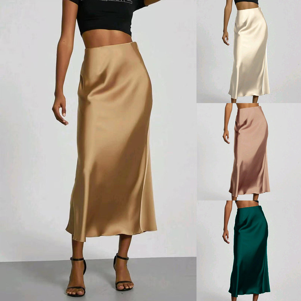 Slim fit satin midi skirt in camel, full length front view