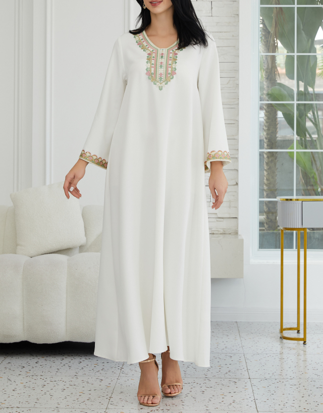 Elegant Ethereal Lace-Trimmed Abaya Robe by Undefyning Lynes, flowing maxi dress with lace details and modest design.
