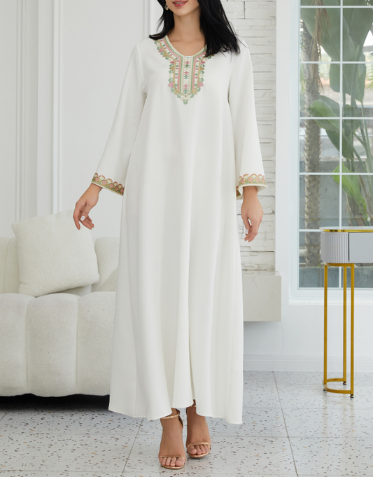 Elegant Ethereal Lace-Trimmed Abaya Robe by Undefyning Lynes, flowing maxi dress with lace details and modest design.