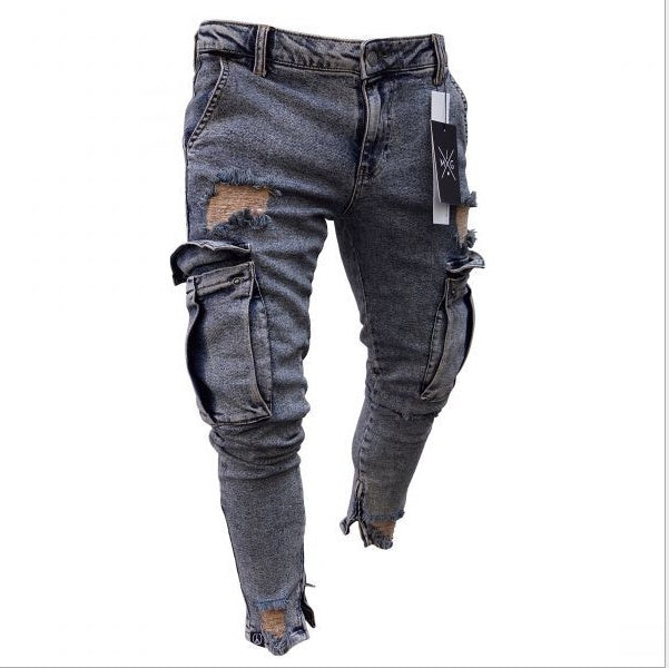 Men's Distressed Cargo Denim Jeans, Slim Fit worn, styled view — Undefyning Lynes (4 of 5)