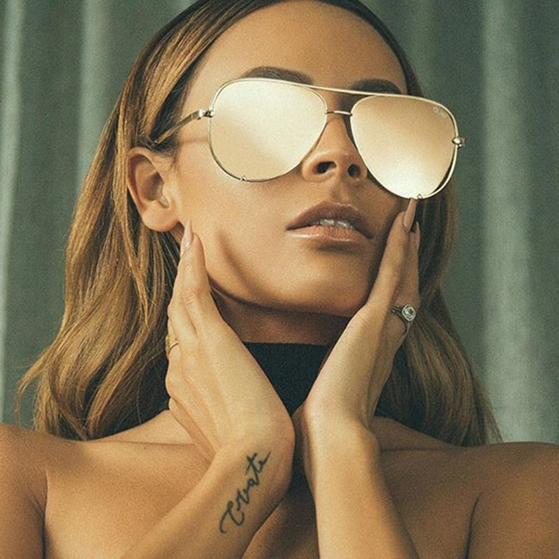 Double-Bridge Metal Sunglasses in black frame with gradient mauve lens
