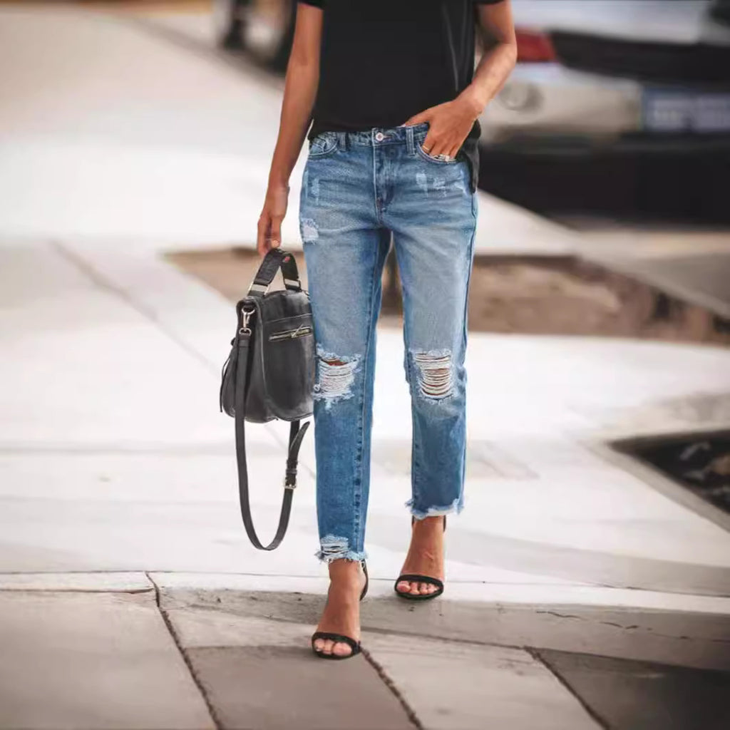 Juno Ripped Straight-Leg Jeans, view 3