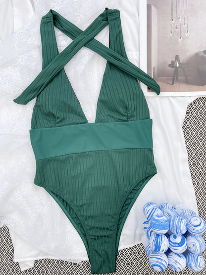 Army Green Patchwork One-Piece Swimsuit