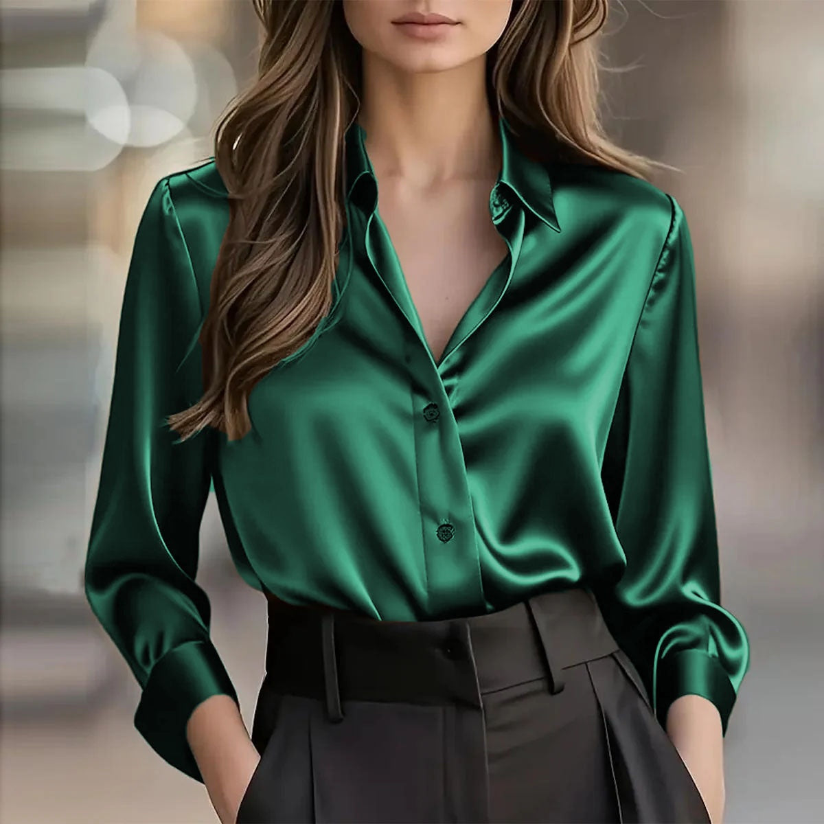 Satin Collar Button-Up Blouse - styled look