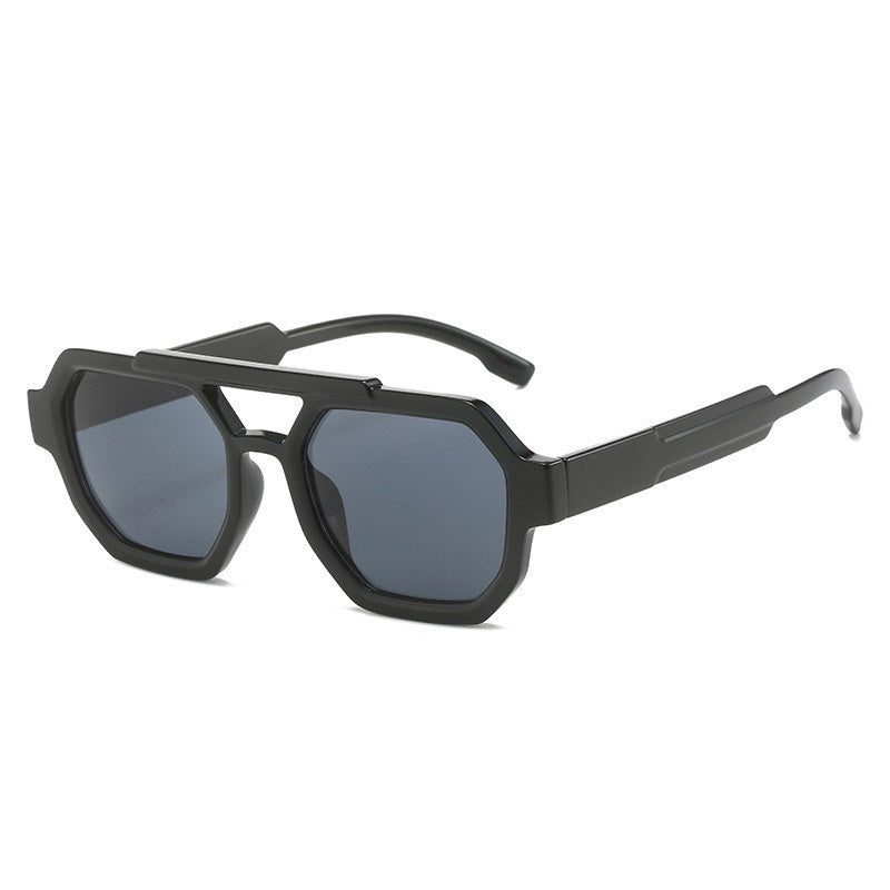 Double-Beam Pilot Sunglasses in brown frame blue lens