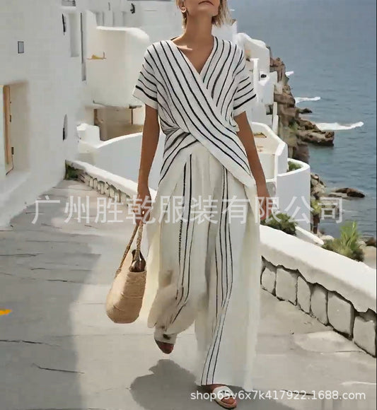 Undefyning Lynes striped two-piece lounge and out-and-about set with a relaxed fit, featuring a matching top and pants in a chic design.