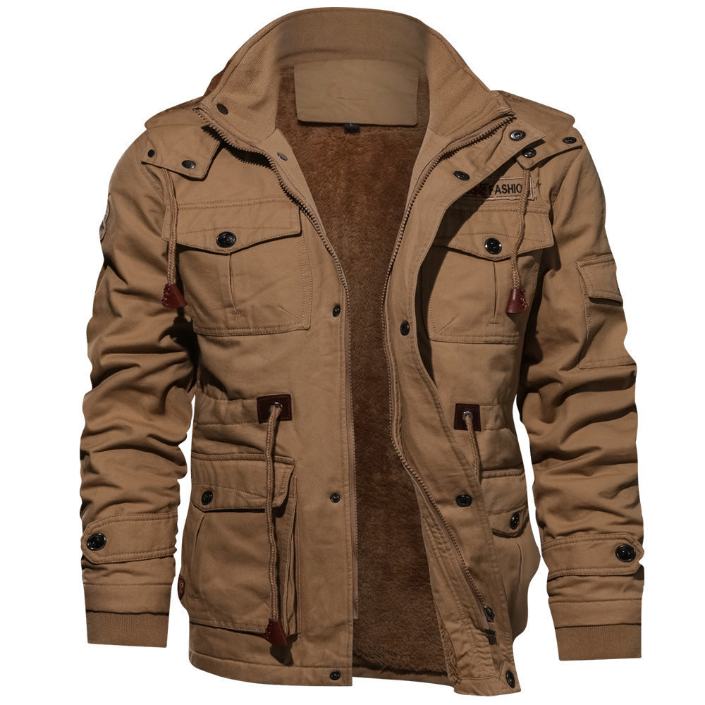 Zip-Up Winter Coat with Detachable Hood — worn outdoors