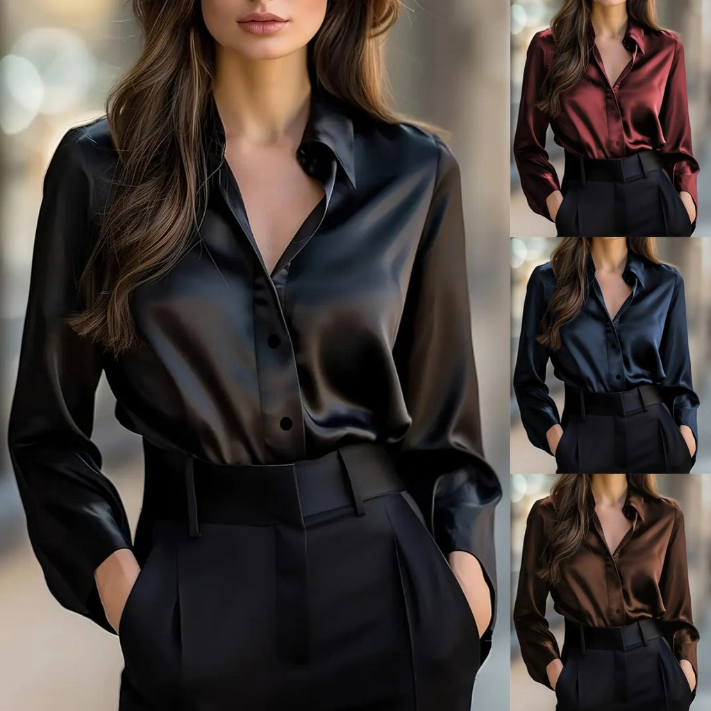Satin Collar Button-Up Blouse - front view