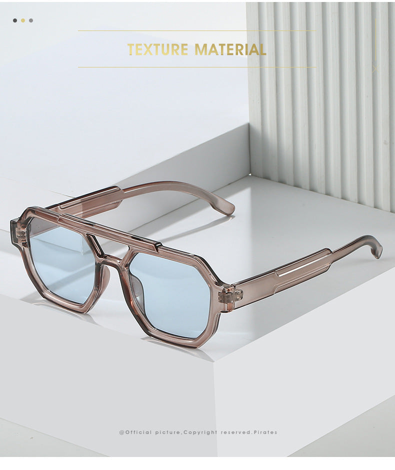 Double-Beam Pilot Sunglasses in grey frame light blue lens