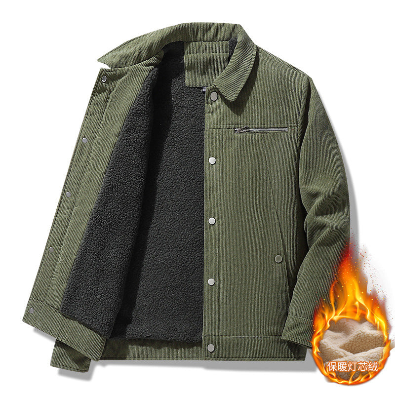 Corduroy jacket in black shown worn open