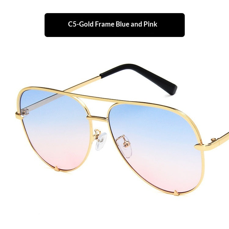Double-Bridge Metal Sunglasses in gold frame with gradient mauve lens