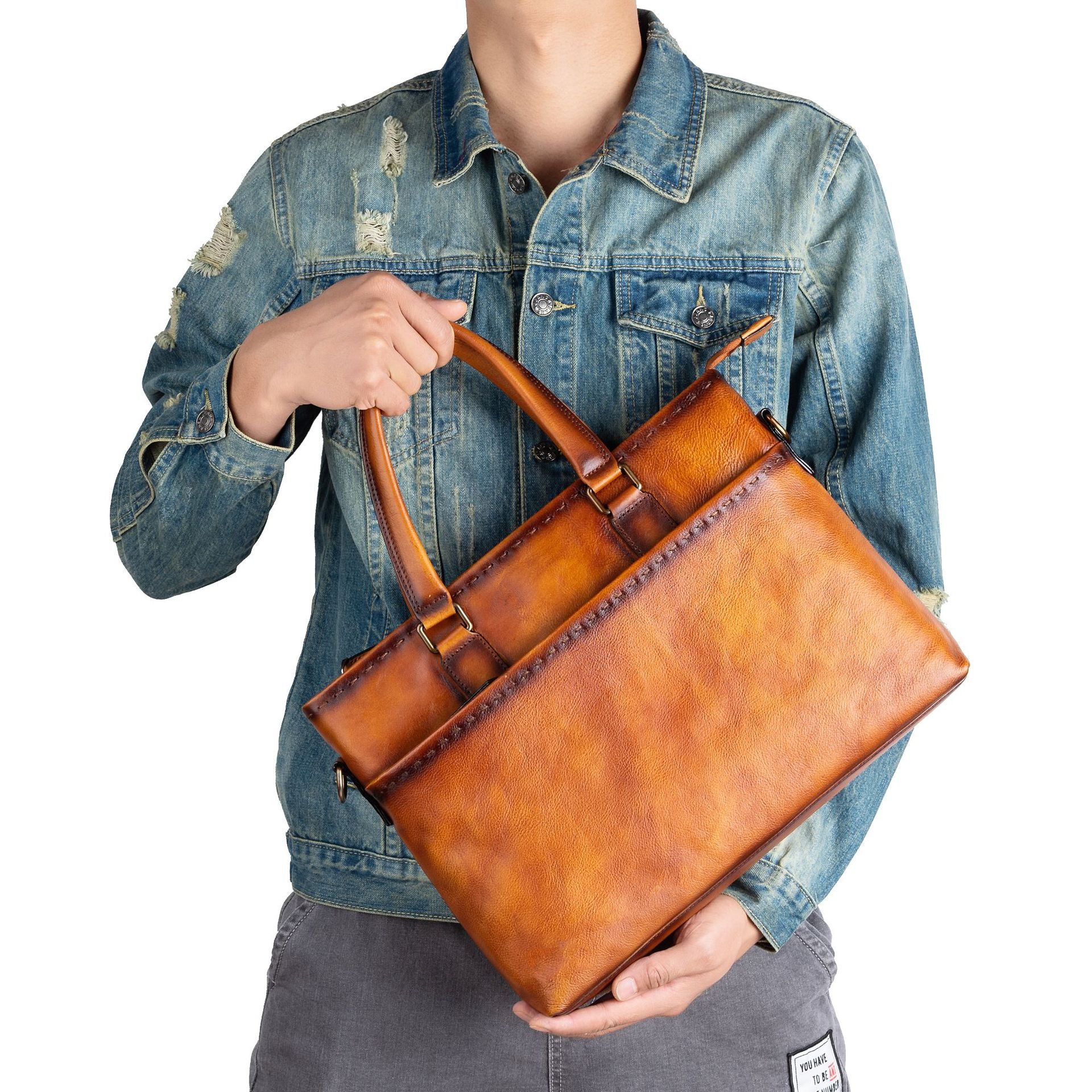 Full-Grain Leather Handbag - carried by hand